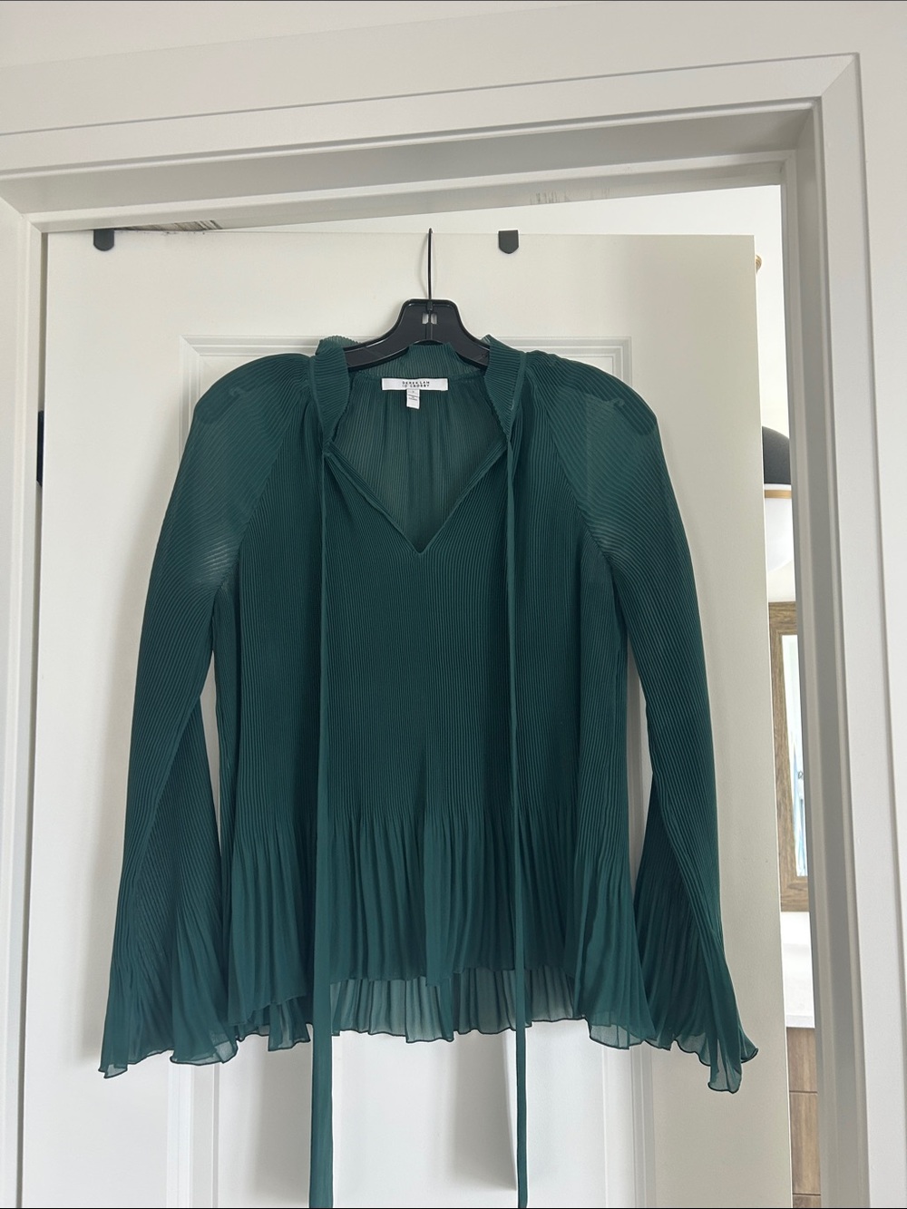 10 Crosby Derek Lam Teal Pleated V-Neck Long-Sleeve Blouse